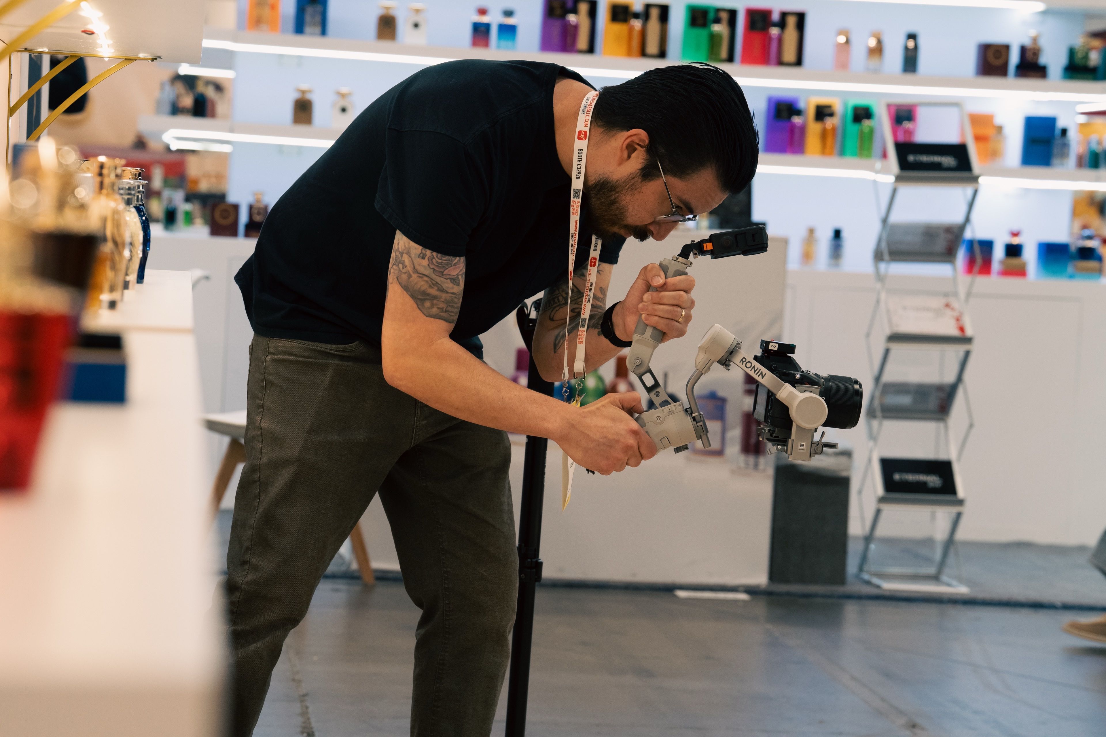 Behind-the-scenes candid moment during a corporate event photo shoot