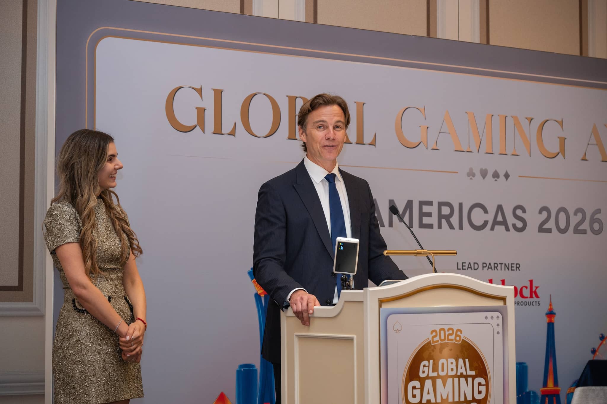 Speaker at the podium during the Global Gaming Awards Americas 2026
