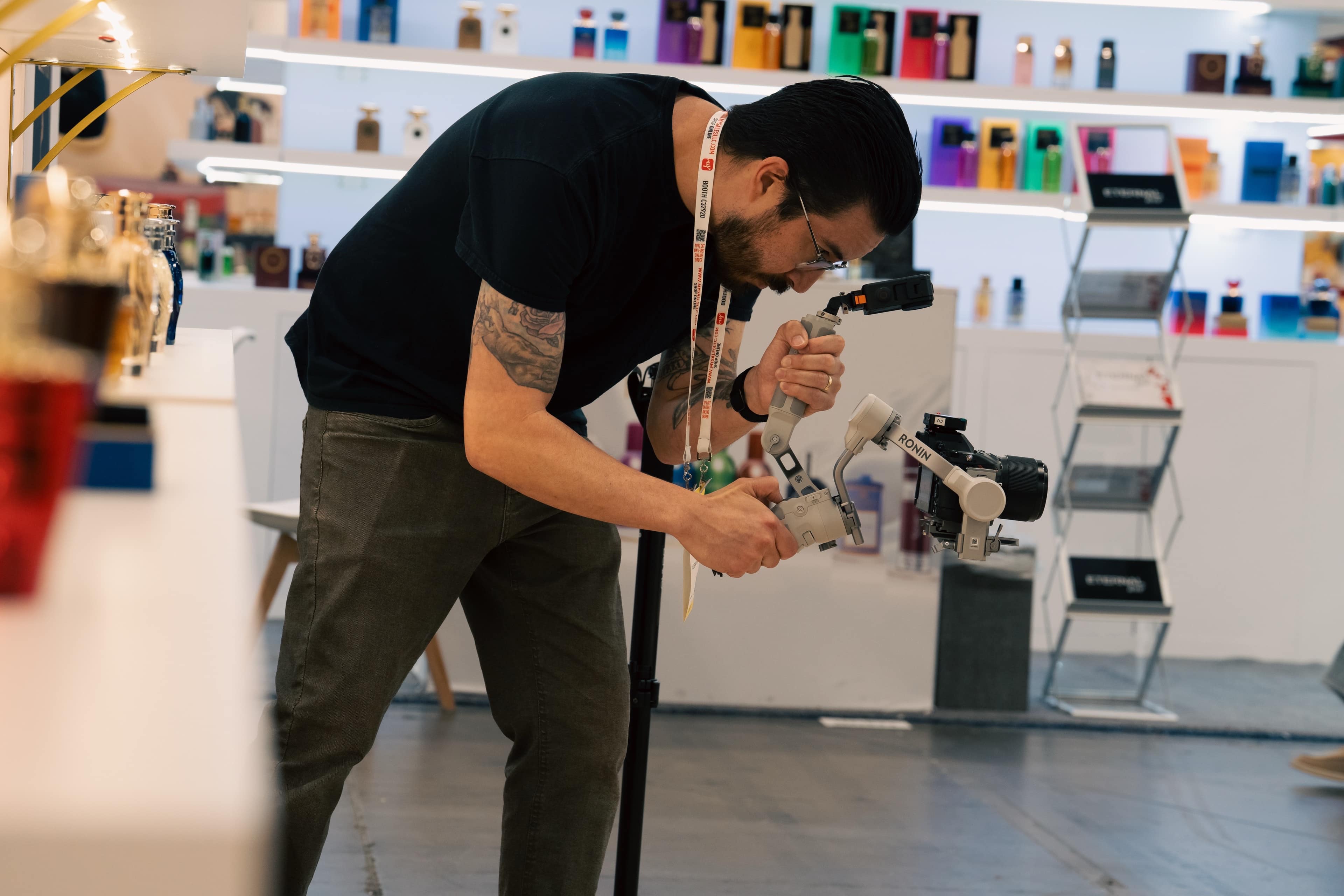 Behind-the-scenes candid moment during a corporate event photo shoot
